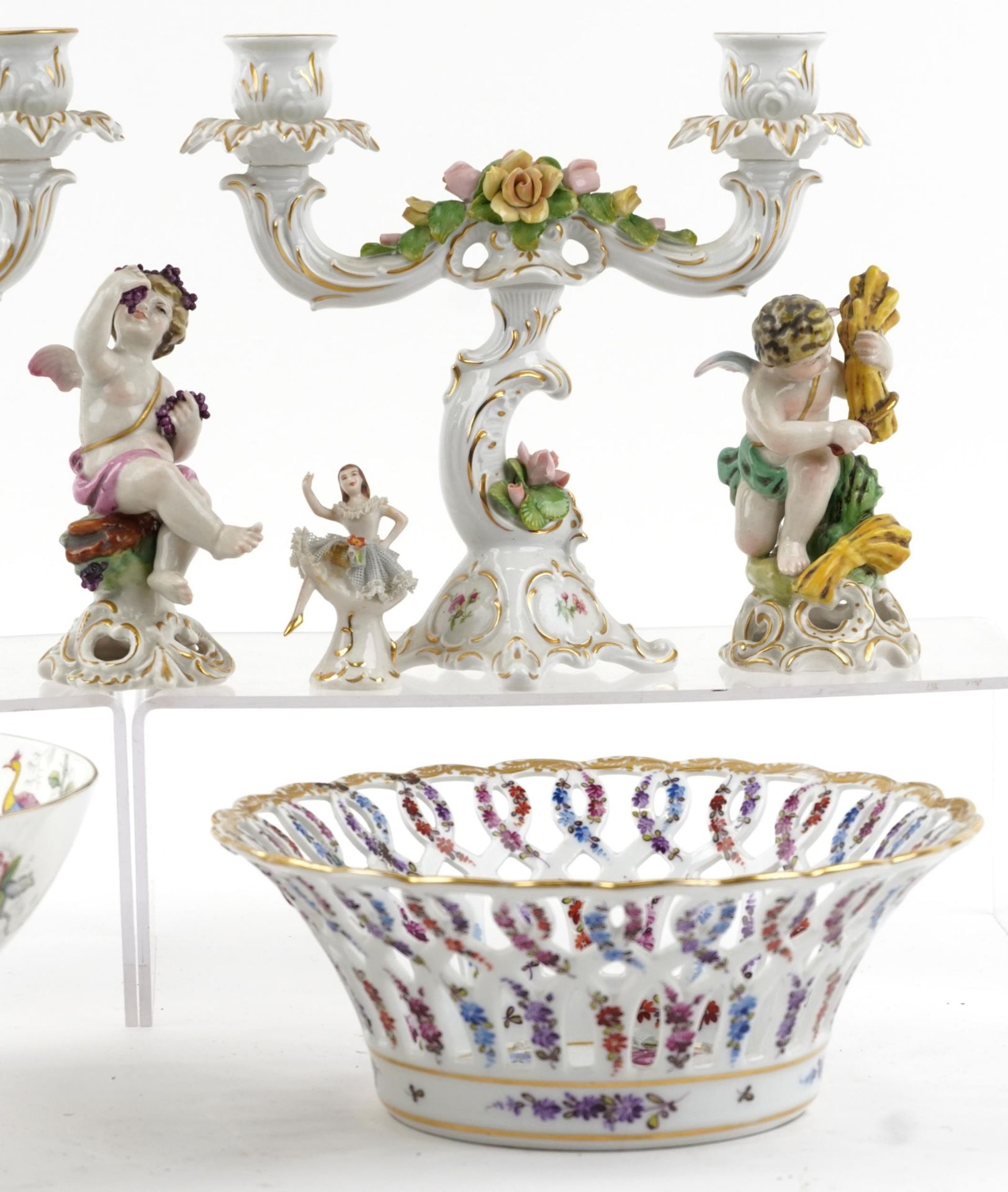 Continental and English porcelain including Dresden Lace figurine, three figures of Putti, Meissen - Image 3 of 4