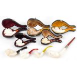Nine block Meerschaum tobacco smoking pipes, five with fitted cases, including examples with bowls