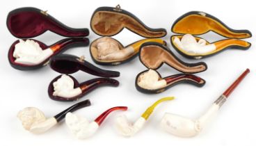 Nine block Meerschaum tobacco smoking pipes, five with fitted cases, including examples with bowls