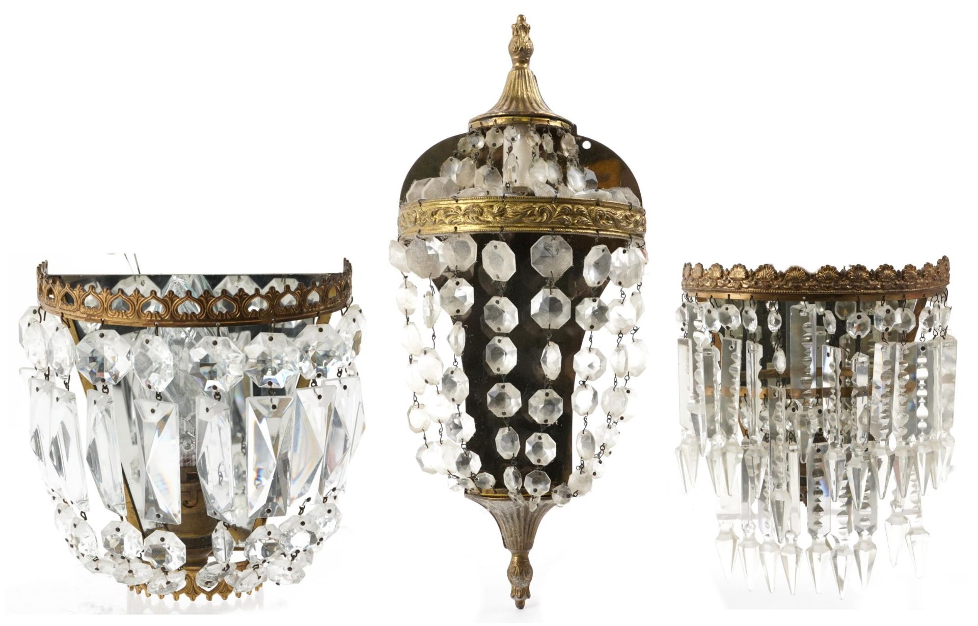 Three French style gilt brass wall lights with cut glass drops including two with mirrored backs,