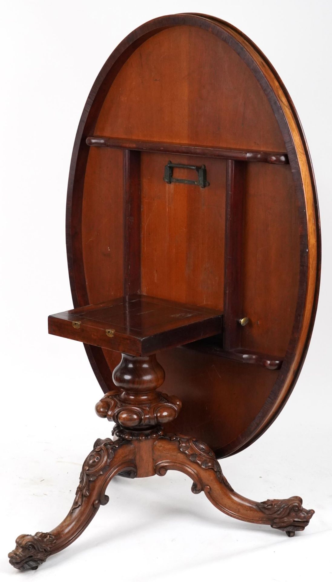 Victorian rosewood tilt top breakfast table with carved bulbous column on lion mask feet, 74cm H x - Image 2 of 6
