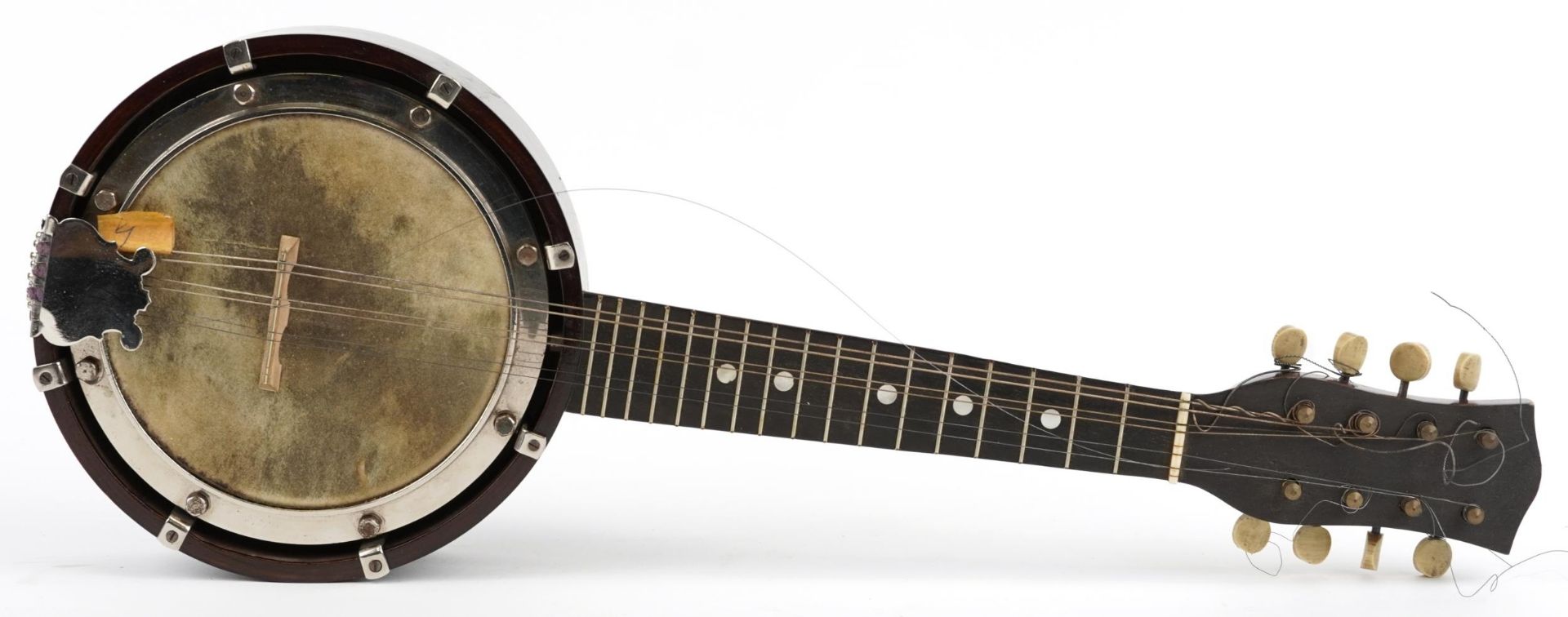 Early 20th century eight string banjo ukulele with fitted case, 54cm in length : For further
