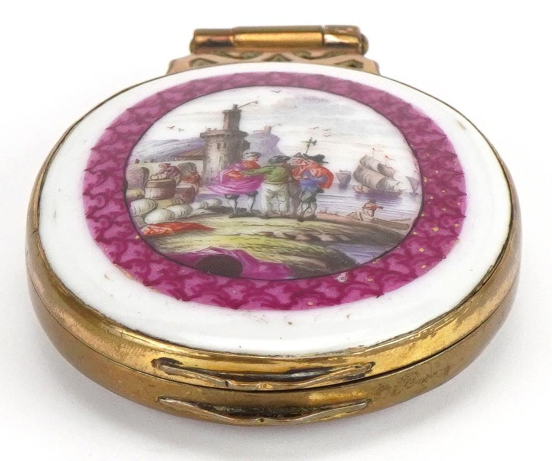 19th century Continental brass locket with two porcelain panels hand painted with 18th century - Image 2 of 6