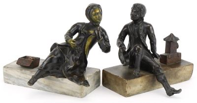 Pair of 19th French century classical patinated bronzes of peasants raised on rectangular marble