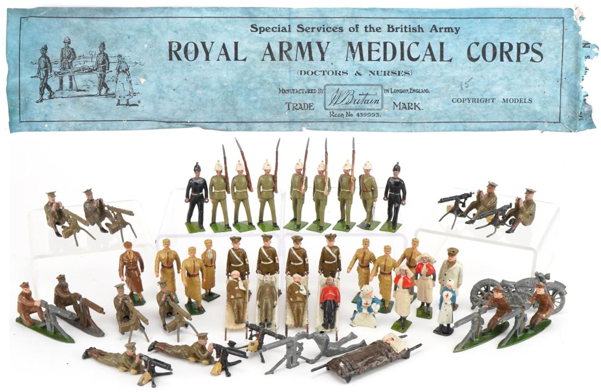 Britains and other hand painted lead soldiers including Royal Army Medical Corps and Army Gunners,