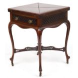 Edwardian mahogany envelope card table with tooled leather insert and green baize interior on