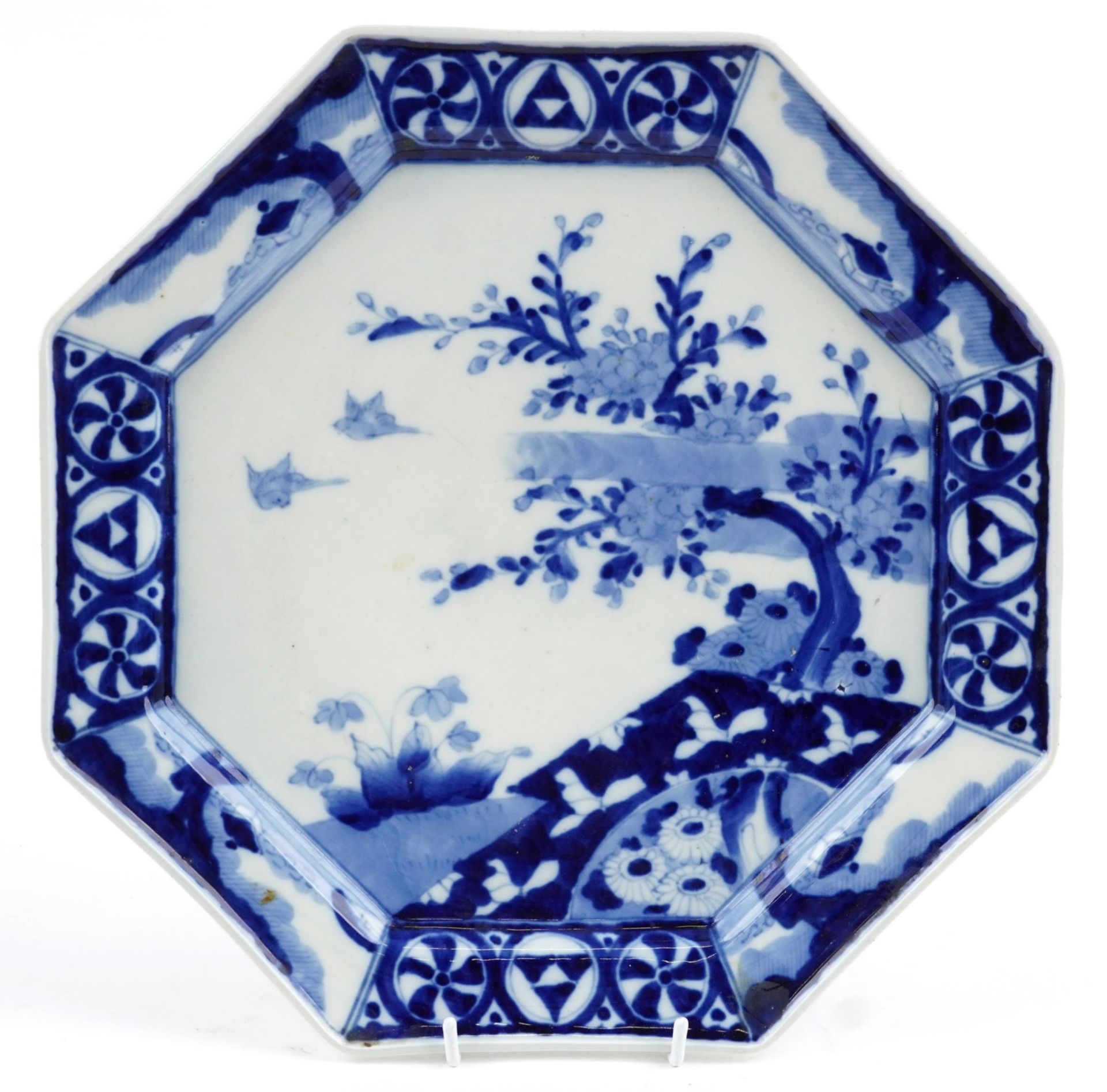 Japanese blue and white porcelain octagonal plate hand painted with birds amongst flowers, 33cm in