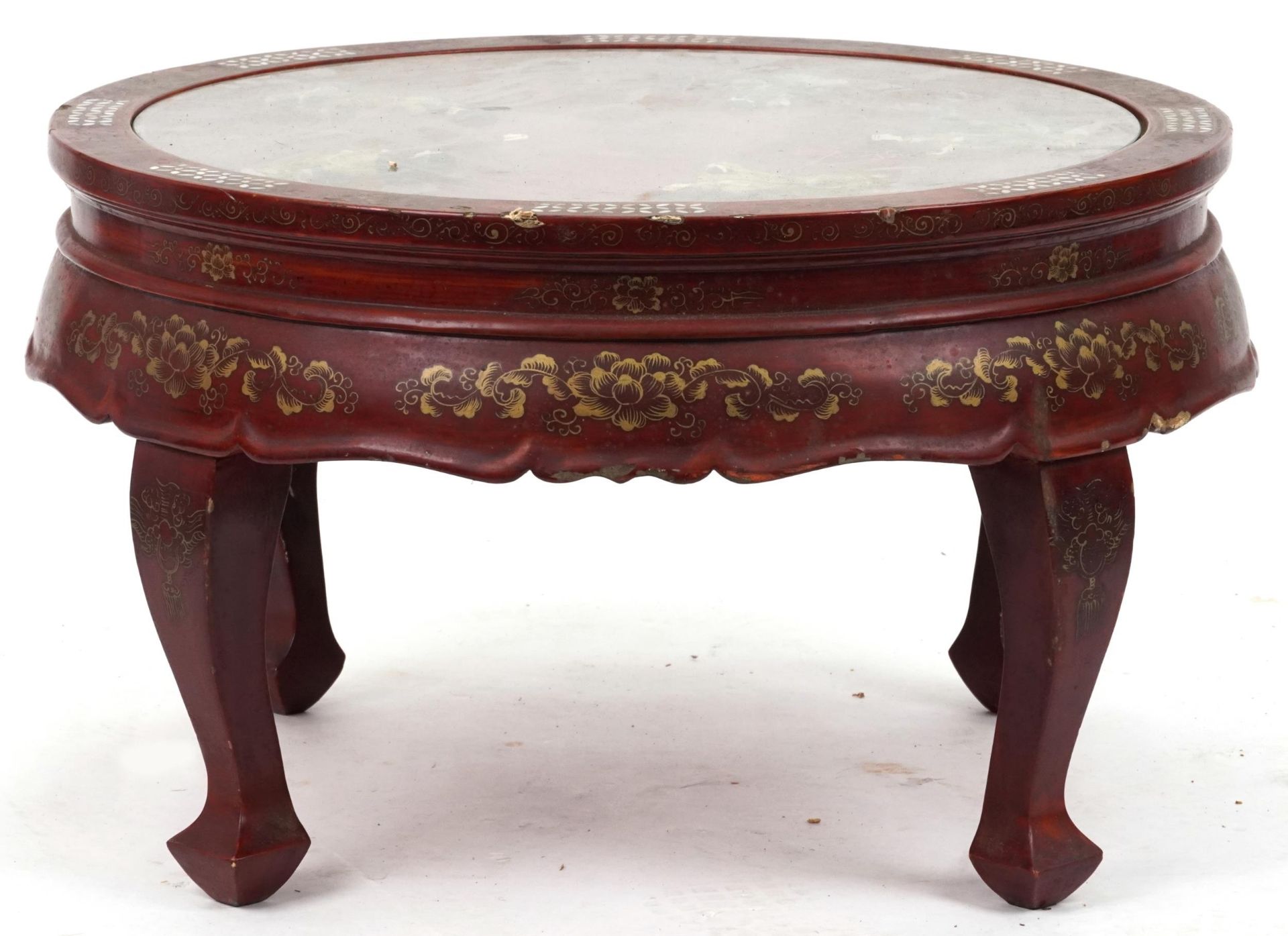 Chinese red lacquered chinoiserie centre table with inset glass top, mother of pearl and hardstone