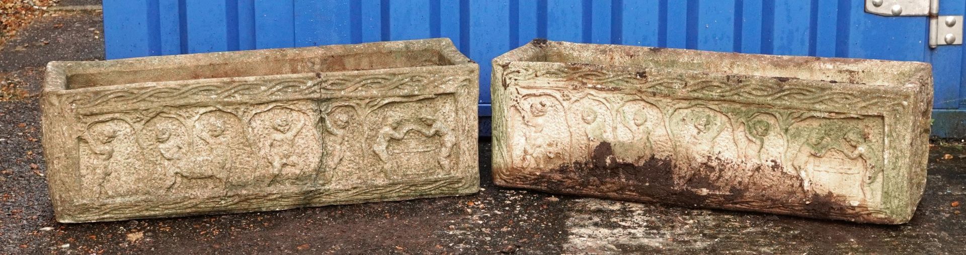 Pair of large rectangular garden stoneware planters decorated with Putti, 26cm H x 82cm W x 26cm D : - Image 4 of 4