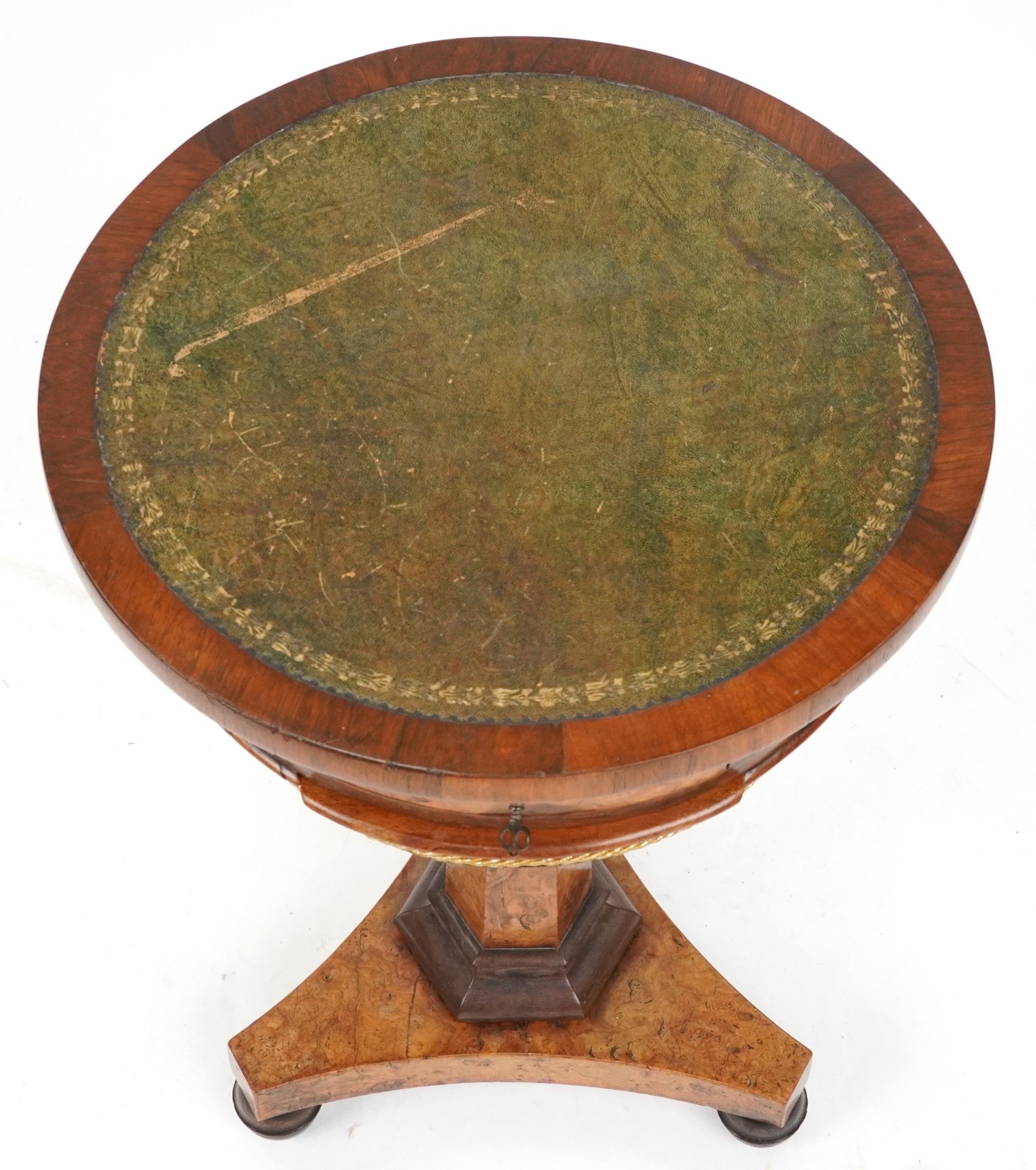 19th century continental figured walnut and rosewood sewing table with circular top, frieze - Image 4 of 5