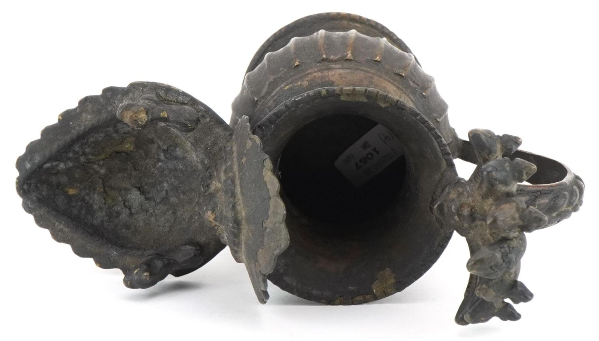 Antique Nepalese bronze oil lamp, 18cm high : For further information on this lot please visit www. - Image 6 of 7