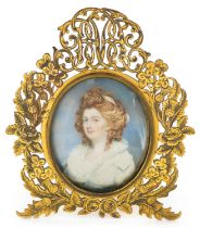 Early 19th century English school oval hand painted portrait miniature onto ivory of a lady
