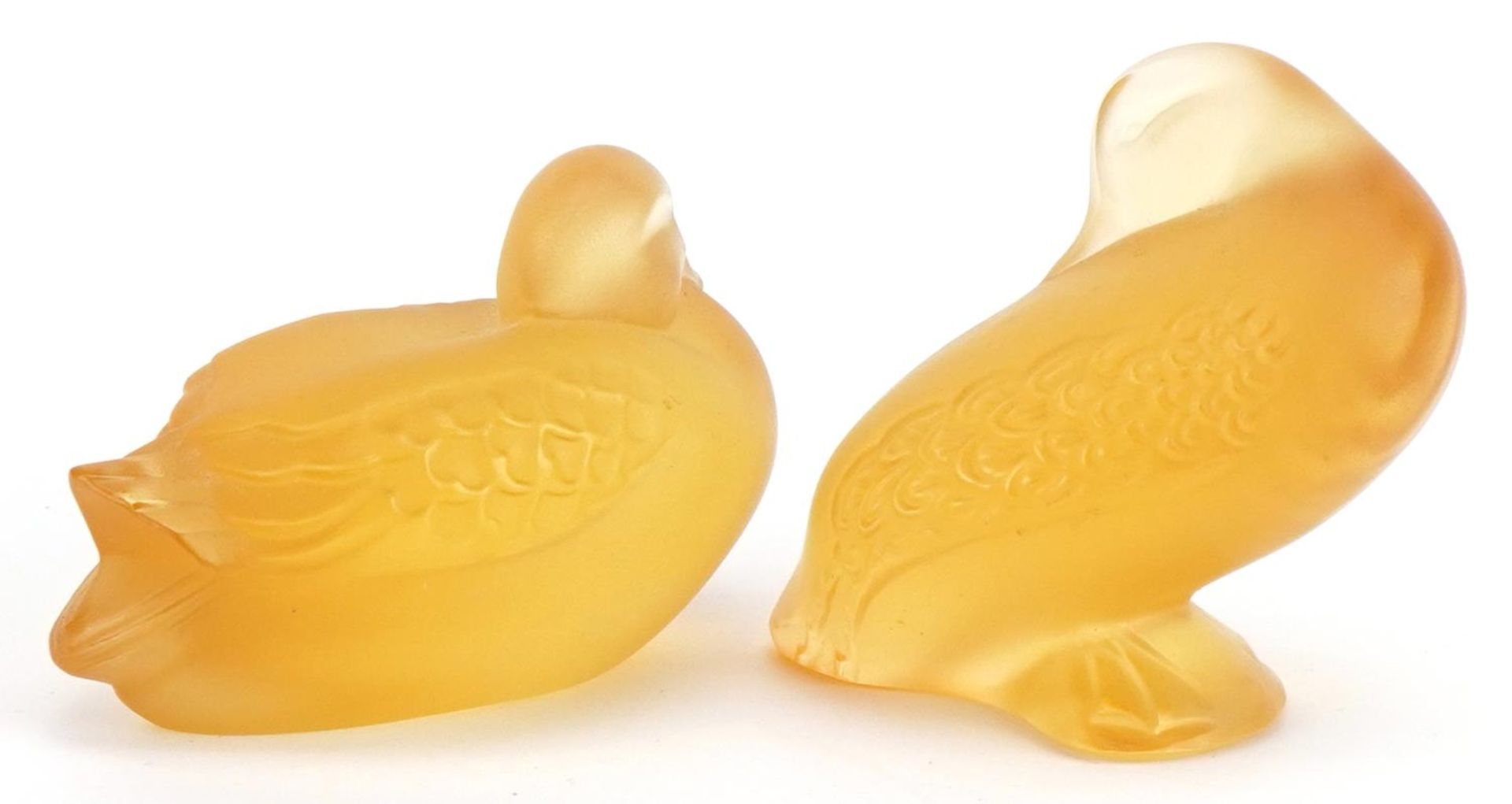 Lalique, two French frosted amber glass duck paperweights, each with paper labels and etched Lalique - Image 2 of 5