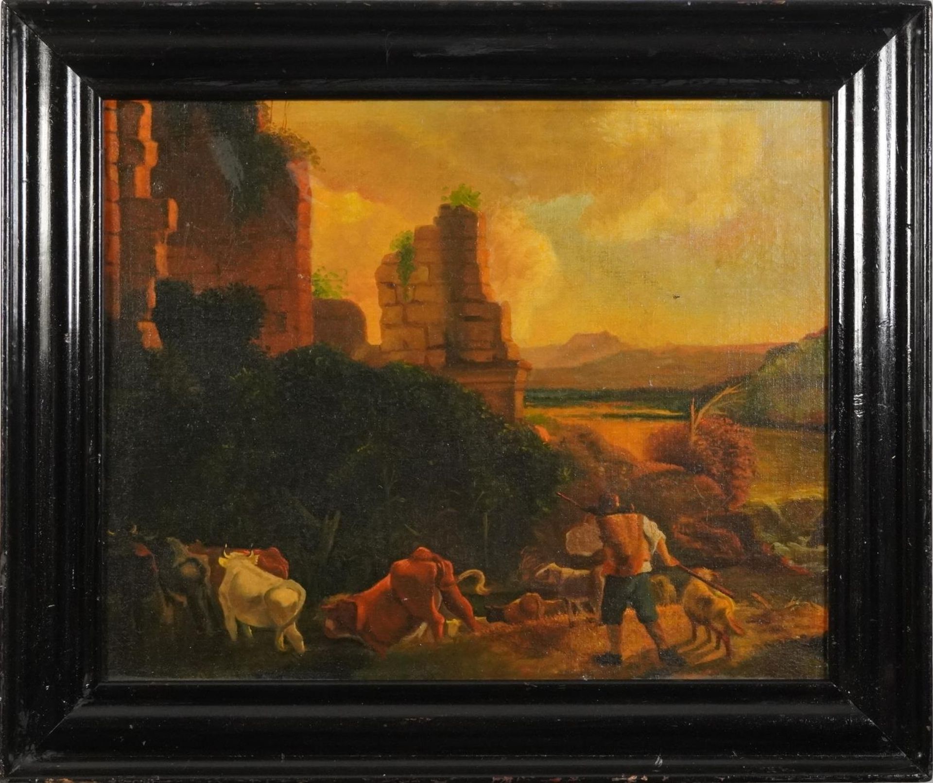 Farm with cattle before ruins, continental school oil, mounted and framed, 66.5cm x 54cm excluding - Bild 2 aus 3