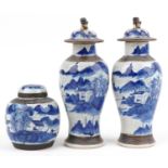 Chinese blue and white crackle glaze porcelain including a pair of lidded baluster vases hand