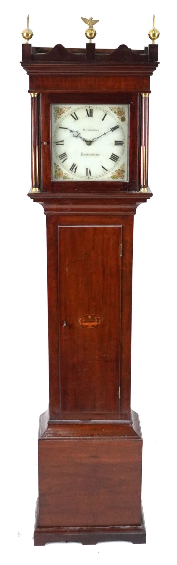 19th century mahogany longcase clock with painted dial inscribed W Morris Eastbourne having Roman
