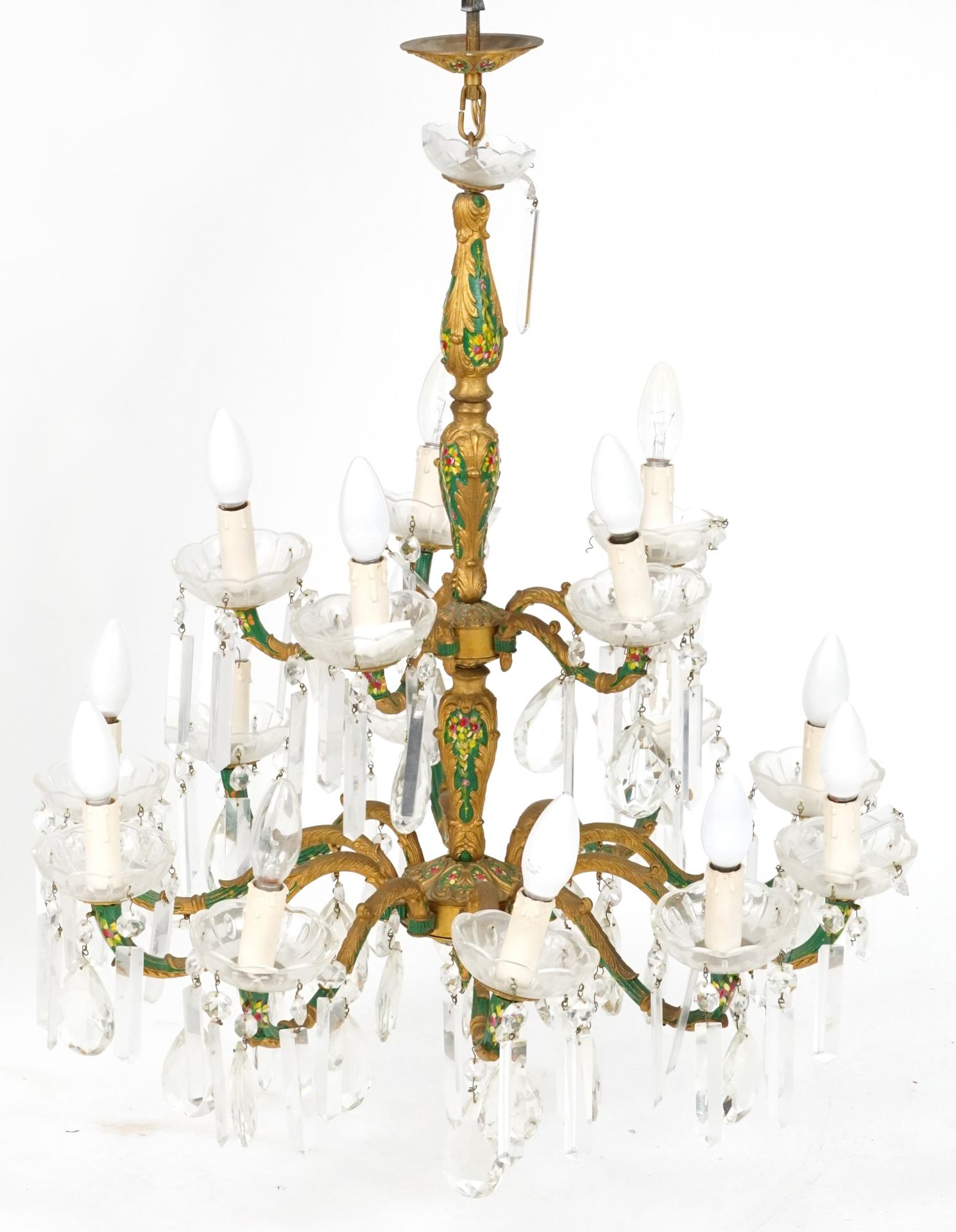 Ornate gilt metal seventeen branch chandelier with glass drops, hand painted with flowers, - Image 2 of 2