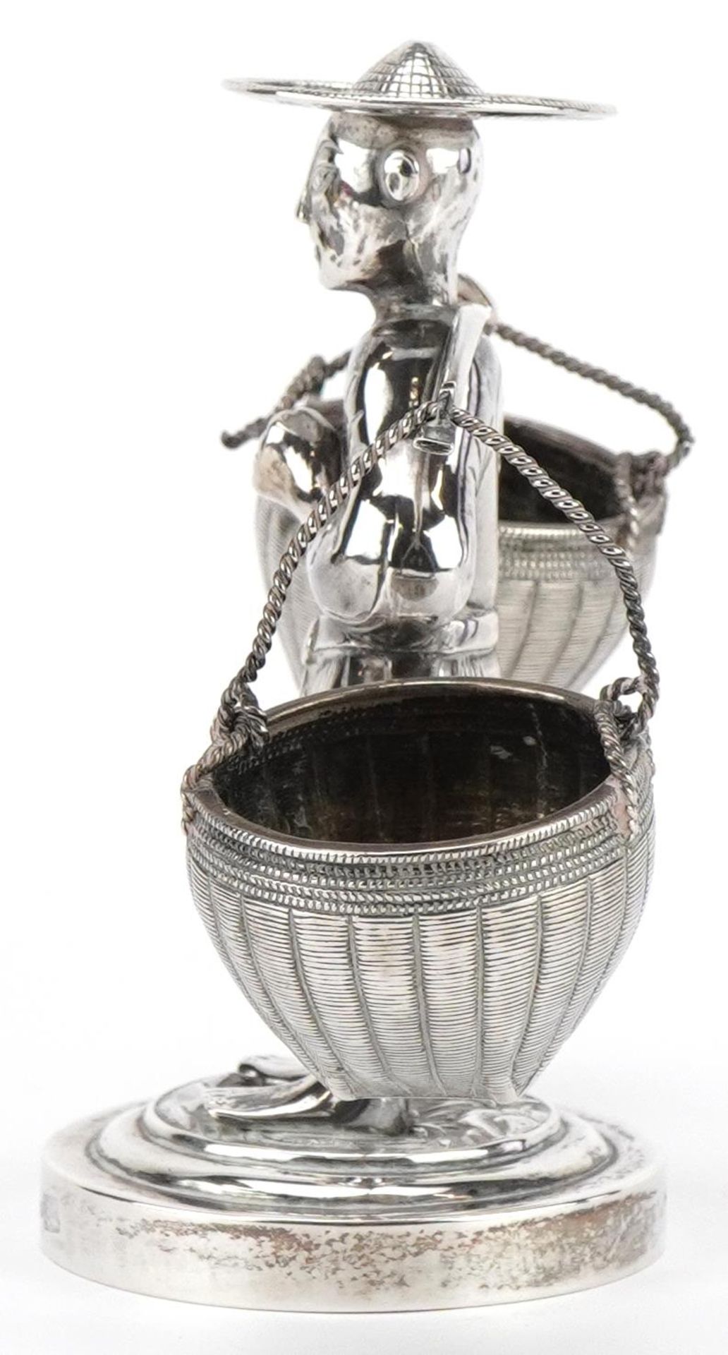 Wang Hing, Chinese export silver cruet in the form of a Chinaman carrying baskets, 10.5cm high, - Image 4 of 8