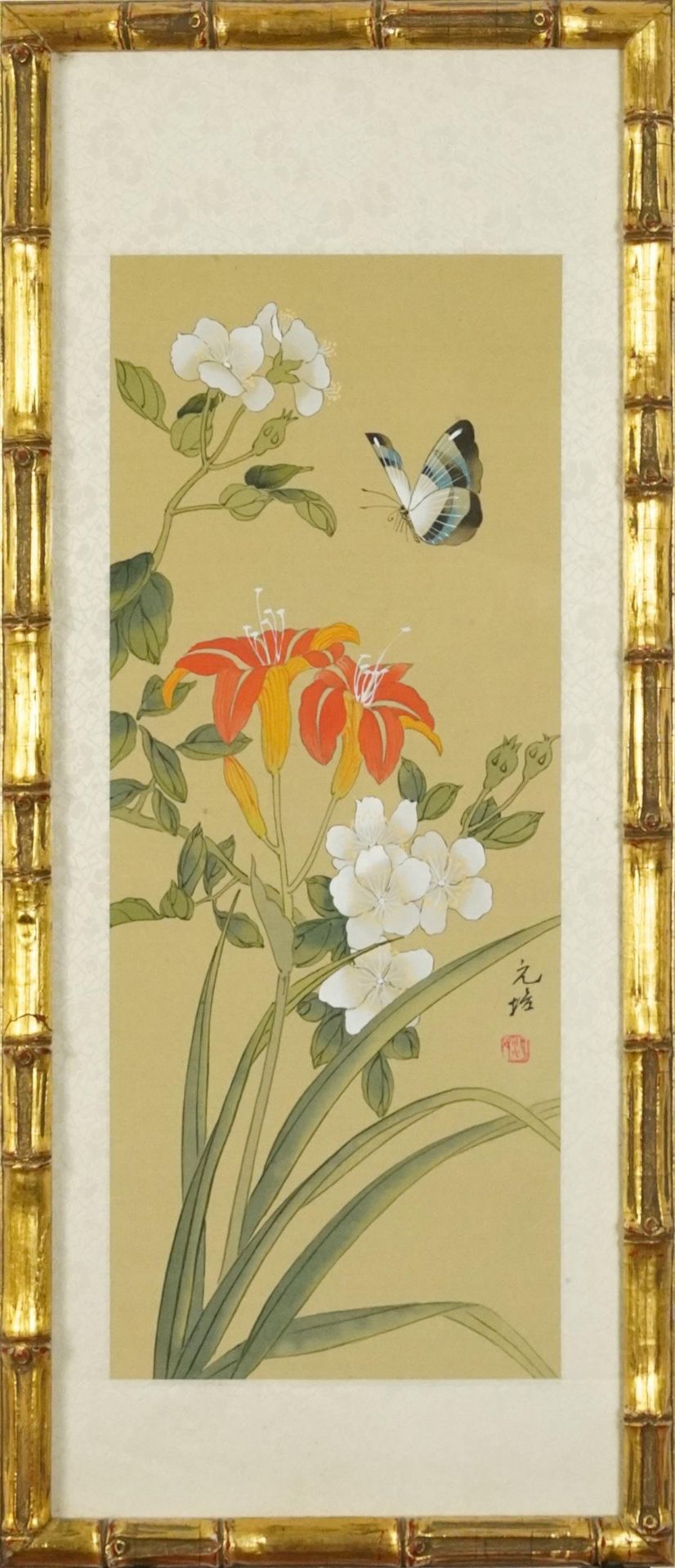 Butterfly amongst flowers, Chinese watercolour on silk signed with calligraphy and red seal marks, - Bild 2 aus 4