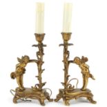 Pair of 19th century French gilt metal Putti and acanthus design candlesticks, each 30.5cm high :