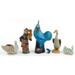 Chinese ceramics including celadon glazed ducks, purple and blue glazed rooster and figure of a