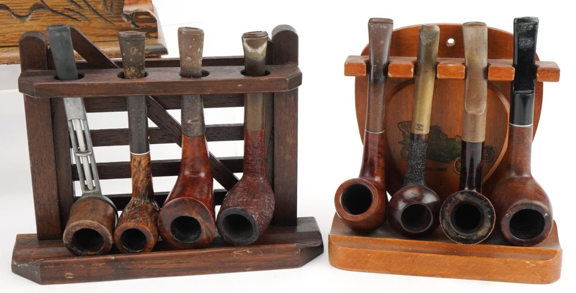 Twenty vintage tobacco smoking pipes, one with silver collar, arranged in four pipe racks and a - Image 6 of 13