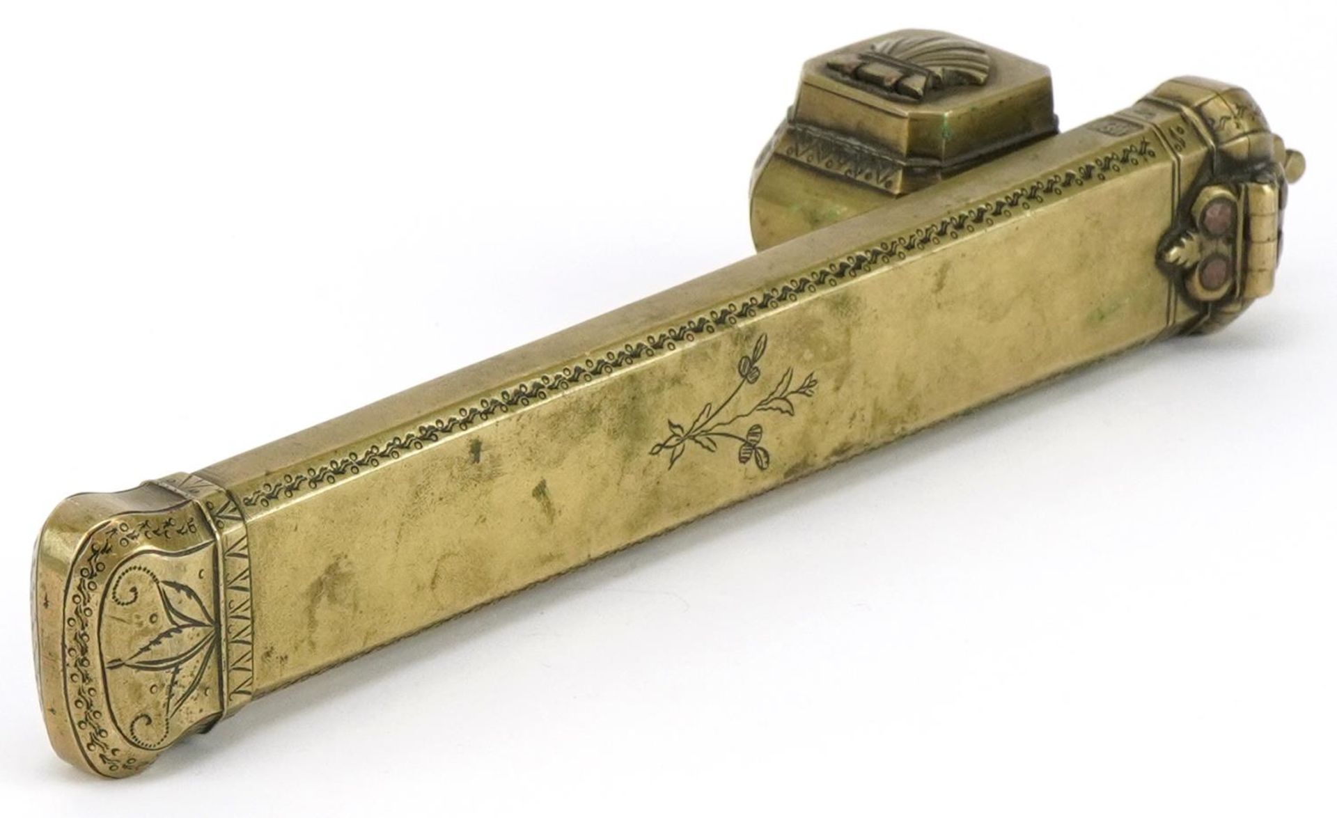 Islamic brass divit pen box engraved with flowers, impressed with calligraphy, 25.5cm in length : - Image 2 of 4