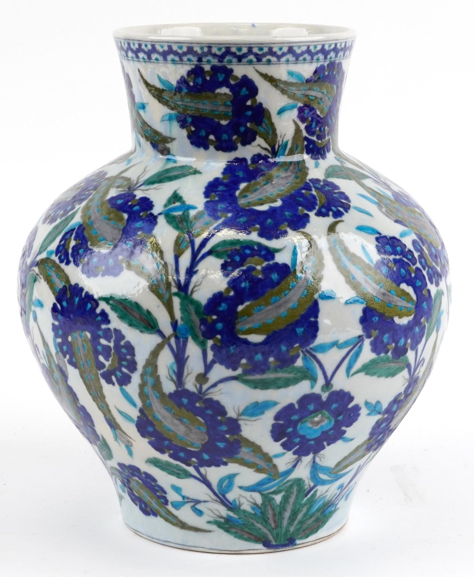 Large Turkish Ottoman Iznik pottery vase hand painted with flowers amongst foliage, 39cm high : - Image 2 of 4