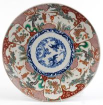 Large Japanese Imari porcelain charger hand painted with panels of figures in landscapes and