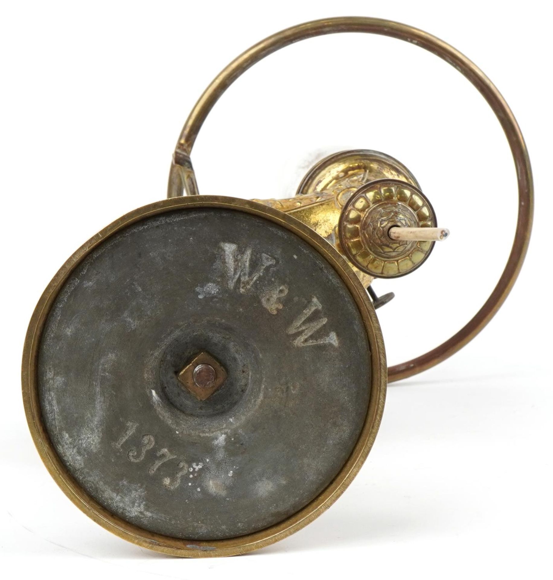 Wild & Wessel of Berlin, 19th century German adjustable brass studen oil lamp with white opaque - Image 4 of 5