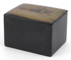 19th century Russian black lacquered box with hinged lid hand painted with a troika, 7cm H x 10cm