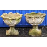 Pair of garden stoneware acanthus leaf design planters, each 43cm high x 48cm in diameter : For