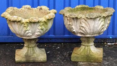 Pair of garden stoneware acanthus leaf design planters, each 43cm high x 48cm in diameter : For