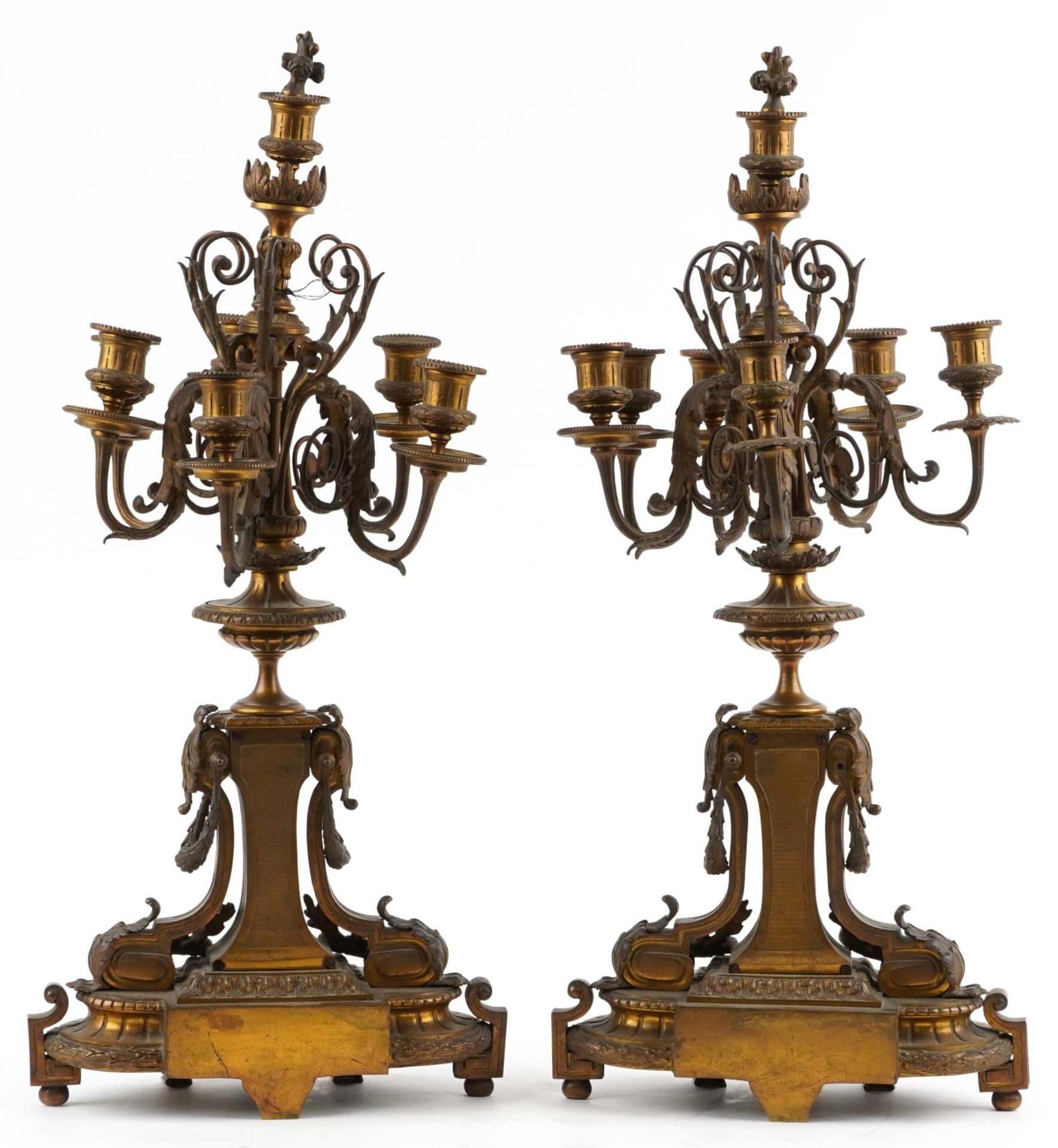 Large pair of 19th century French ormolu seven branch candelabras with urn supports and acanthus - Image 2 of 7
