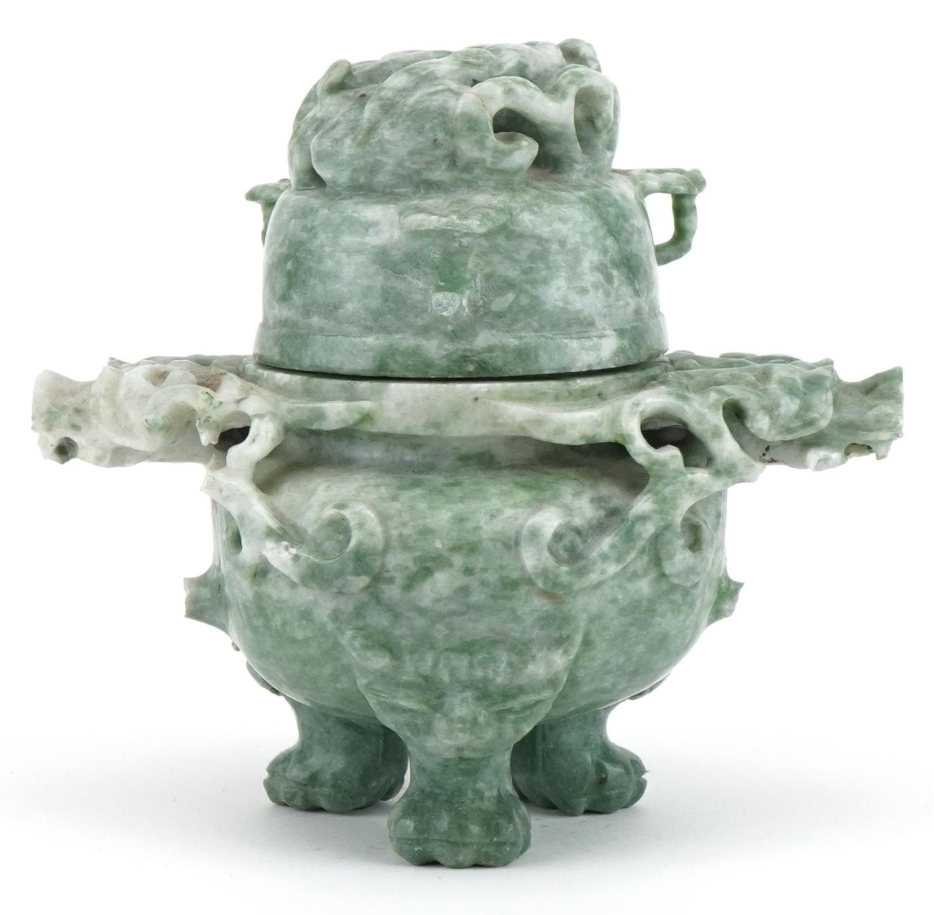 Chinese carved green hardstone tripod lidded censer with dragon handles, 13.5cm high : For further - Bild 3 aus 6