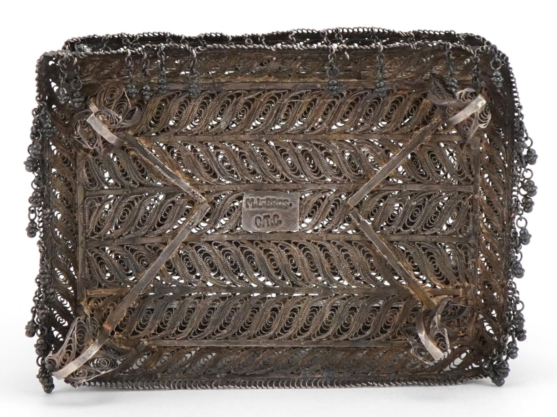 Indian Goa silver filigree table casket with tassel drops, the plaque impressed M L Bros CTC to - Image 5 of 6