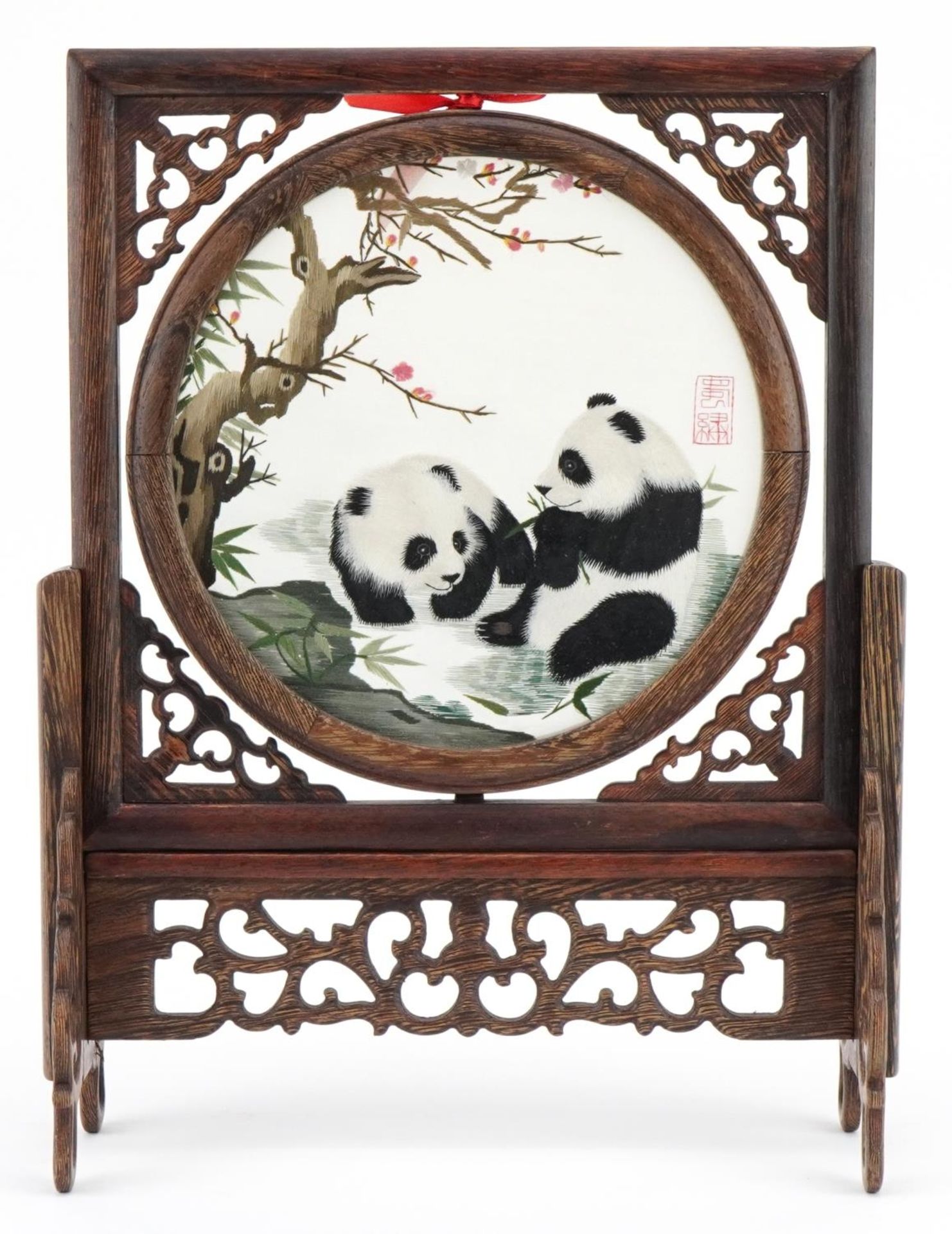 Chinese hardwood rotating table screen with silk panel embroidered with two pandas, signed with - Image 4 of 5