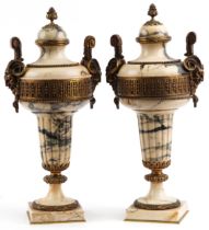 Pair of Antique French Empire style Calcutta marble cassoulets with ormolu mounts with ram's head