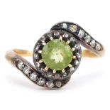 Antique unmarked gold green stone and diamond cocktail ring, tests as 18ct gold, size P, 3.8g :