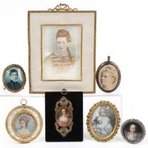 Seven 18th/19th century and later portrait miniatures and frames including a rectangular example