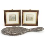 Pair of Cadeor Italian silver plaques housed in glazed frames and a silver backed hand mirror