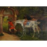 W Colley 1895 - Suspense, figure with horses onlooking two men fencing, 19th century oil on board,