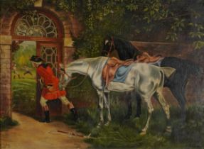 W Colley 1895 - Suspense, figure with horses onlooking two men fencing, 19th century oil on board,