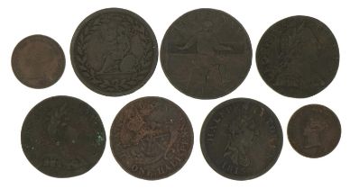 Antique coinage comprising two George III half pennies, 1773 and 1775, two half farthings, 1843