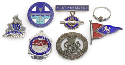 Silver jewels, brooches and badges, some enamel, including RAF sweetheart ring, Services Rendered