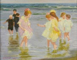 Beach scene with children paddling, Italian school oil on board, framed, 34cm x 27cm excluding the