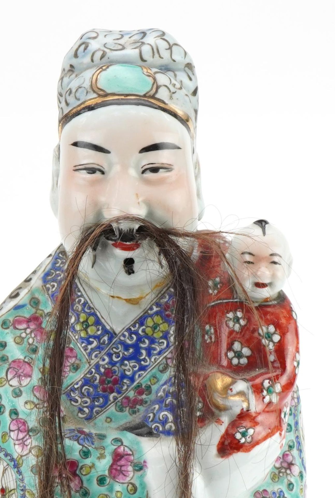 Large Chinese porcelain figure of Fu Xin hand painted in the famille rose palette with flowers, 46cm - Image 2 of 7