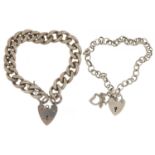 Two silver bracelets with silver love heart padlocks, 72.2g : For further information on this lot