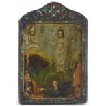 Rectangular Russian icon hand painted with saints housed in an unmarked silver and champleve