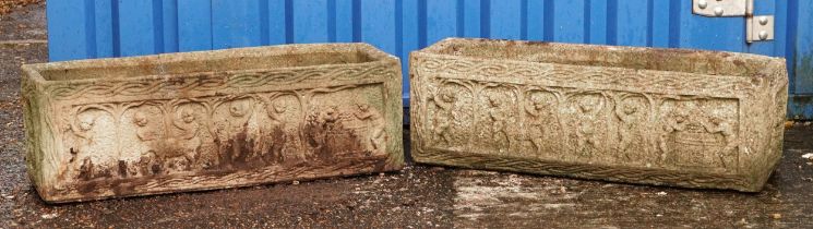 Pair of large rectangular garden stoneware planters decorated with Putti, 26cm H x 82cm W x 26cm D :